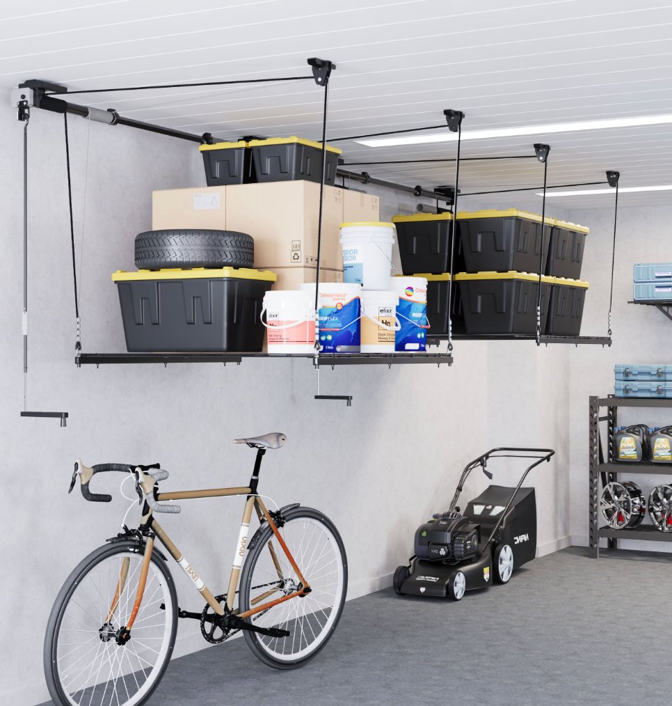 Crank-down lift rack in garage