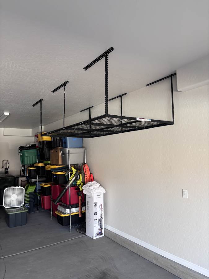 Overhead garage storage rack installed in St. George home