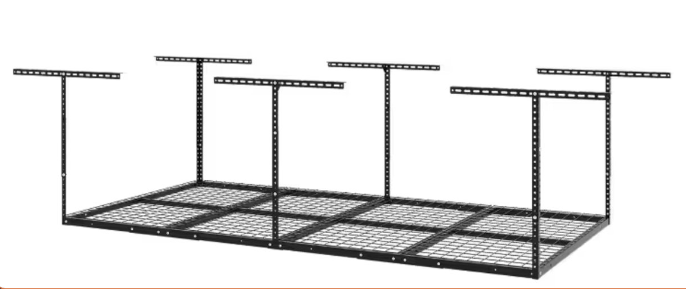Diagram of an overhead storage rack showing the ceiling-mounted frame and wire deck